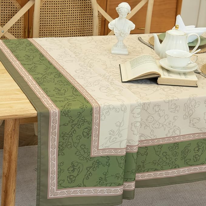 Green Floral Toile Tablecloth Waterproof- Rectangular Vintage Table Cover for Kitchen Parties Coffee Tables, Boho Table Cloth Perfect for Spring Home Decor, W60 x L84