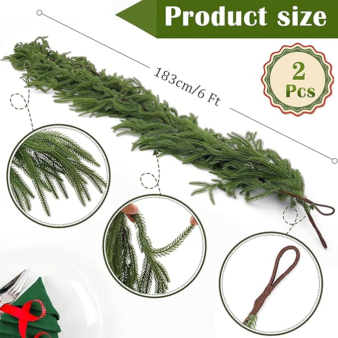 2 Pcs Artificial Norfolk Pine Garlands, Christmas Real Touch Winter Pine Garland, Green Artificial Greenery Cedar Garland for Mantle, Table, Wall, Indoor, Outdoor Christmas Decorations