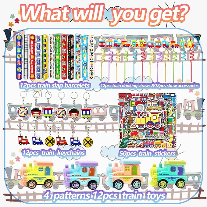 Train Party Favors 122PCS Slap Bracelets DIY Stickers Drinking Straw Keychains Pull-back Vehicle for People Car Theme Birthday Party Car Theme Birthday Party