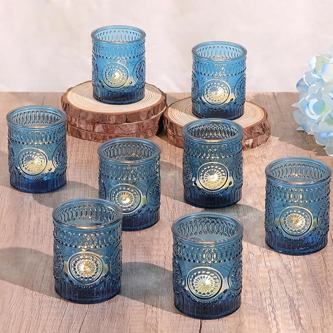 Blue Votive Candle Holder Set of 12, Glass Tea Lights Candle Holders for Wedding Table Centerpieces, Birthday Parties, Home Decor and Holiday Decor