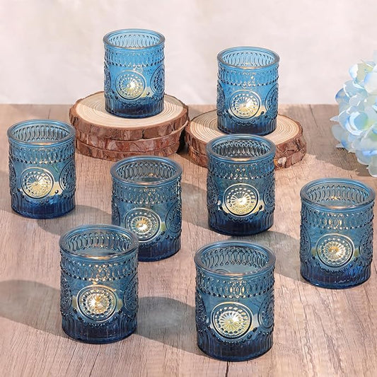 Blue Votive Candle Holder Set of 12, Glass Tea Lights Candle Holders for Wedding Table Centerpieces, Birthday Parties, Home Decor and Holiday Decor