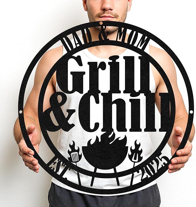 Custom BBQ Grill Metal Sign Personalized Name Wall Art for Outdoor Barbecue Patio Kitchen Backyard Decor Gift for Dad Husband Men Papa Grandpa Father Grilling Enthusiasts Family Lover Funny Gifts 50
