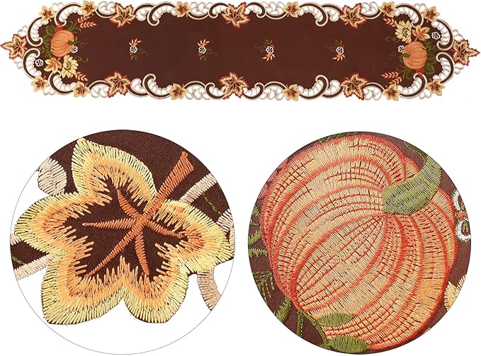 Simhomsen Brown Embroidered Thanksgiving Harvest Pumpkins Table Runners for Autumn Or Fall Decorations (14 × 54 Inches)