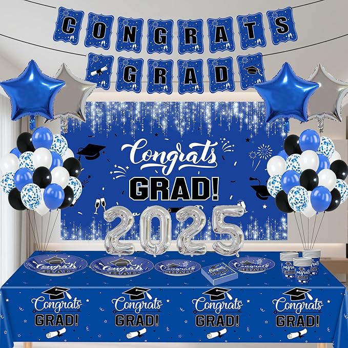 2025 Graduation Party Decorations, 195PCS Class of 2025 Decorations Include Congrats Grad Banner, Backdrop, Tablecloth,Ballons,Graduation Paper Plates,Cups and Napkins