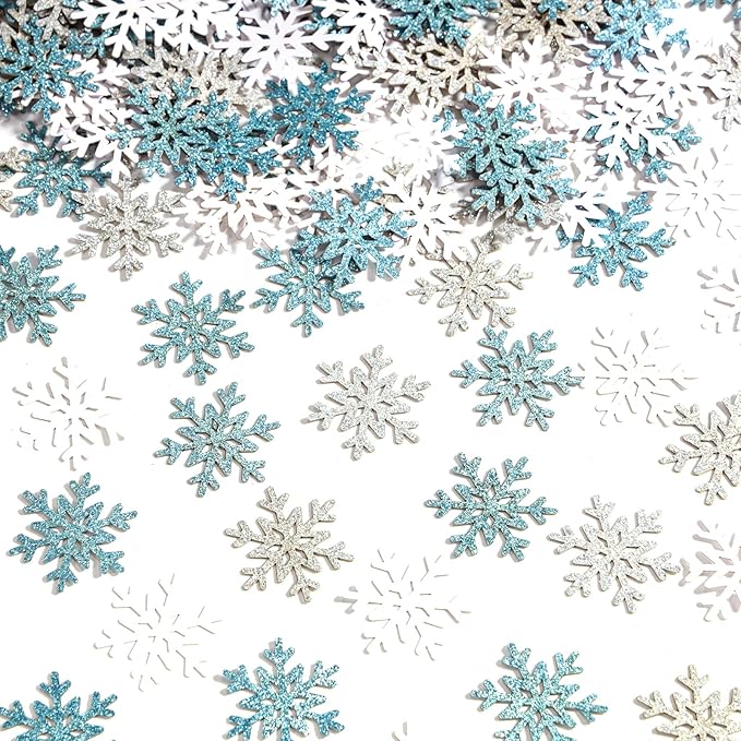 VHUWE Winter Snow Confetti, 200 Pcs Glitter Silver Light Blue White Snowflakes Confetti for Birthday Baby Shower Holiday Party Christmas Table Centerpiece New Years Eve Decorations Supplies - Paper