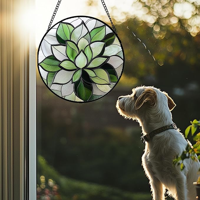 Stained Glass Window Hanging - Green Succulent Plants Suncatcher for Doors Garden Patio Floral Sun Catchers Decor Christmas Mother's Day Birthday Gifts for Women Men Mom Nana Friend 15 in