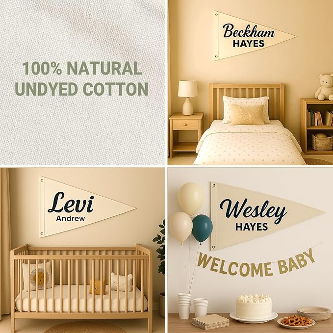 Custom Baby Name Canvas Flag for Nursery, Personalized Name Canvas Banner for Wall Art Decor, Customizable Cotton Banner Pennants Sign Gifts for Baby Shower Birthday Party Boho Nursery Kids Room