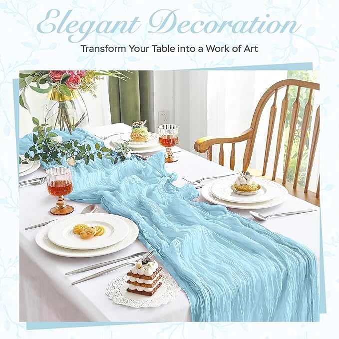 Cheesecloth Table Runner 3 Pack – 35x120 Inch (10ft) Boho Rustic Gauze Cloth Runners – Crinkle Polyester Table Decor for Wedding, Baby Shower, Bridal Shower, Birthday Party and More (Sky Blue)