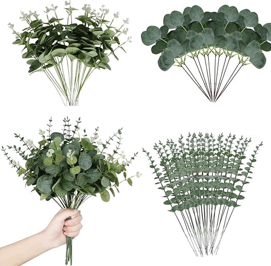120 Pcs 3 Kinds Mixed Artificial Eucalyptus Leaves Stems Fake Silver Dollar Eucalyptus Leaves Stem Bulk Faux Leaf for DIY Bouquets Floral Arrangement Wedding Home Decor
