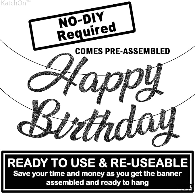 KatchOn, Glitter Black Happy Birthday Banner - Pre-Strung No DIY,10 Feet | Birthday Decorations for men, Women | Hbd Banner Backdrop For Black Party Decorations, Halloween Decorations