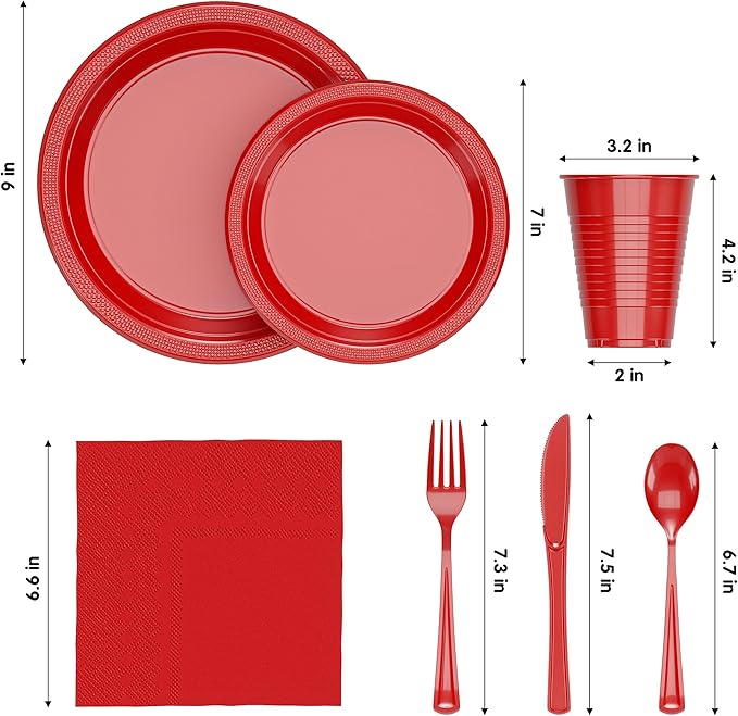 Party Solids 350 Pieces Red Plastic Plates For Party, Red Disposable Plates Set, 50 Of Each 9" Dinner Plate Set, 7" Dessert Plate, Cups, Napkins & Cutlery Plastic Dinnerware