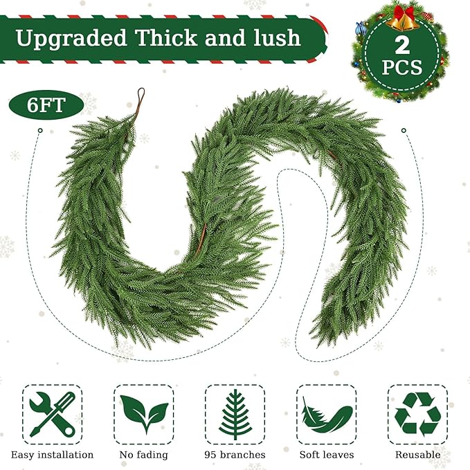 2 Pcs 6 Ft Norfolk Pine Garlands,Artificial Real Touch Christmas Greenery Garland Faux for Mantle, Table,Sairs,Wall,Indoor,Outdoor Christmas Decorations Holiday Xmas-Green