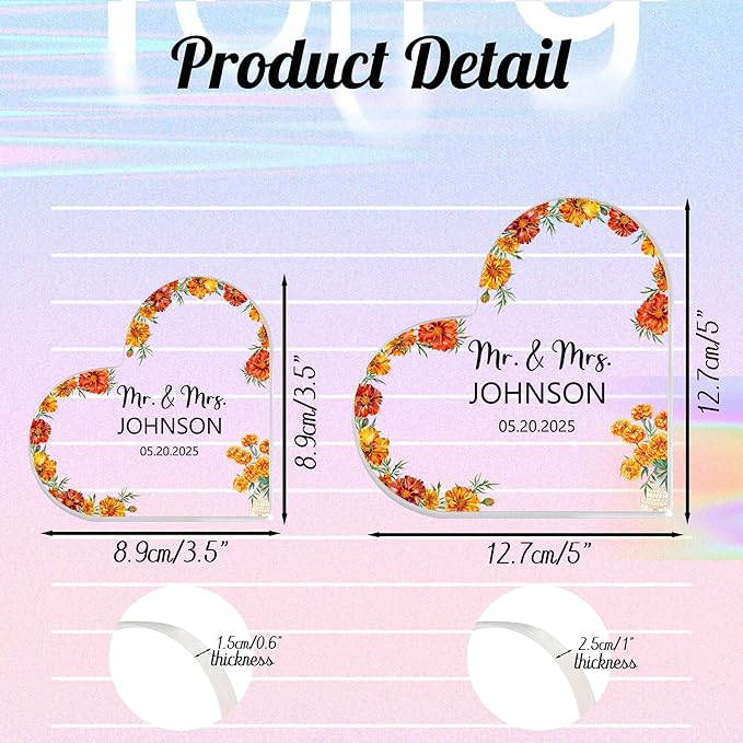 Custom Wedding Heart Acrylic Plaque,Mr & Mrs Cake Topper,Personalized Wedding Keepsake/Gift/Sign (Style 17)