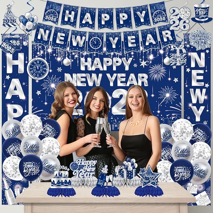 New Years Decorations 2026,Happy New Years Eve Party Supplies Blue and Silver Nye Party Decorations With Backdrop Door Banner Hanging Swirls Honeycomb Balloon