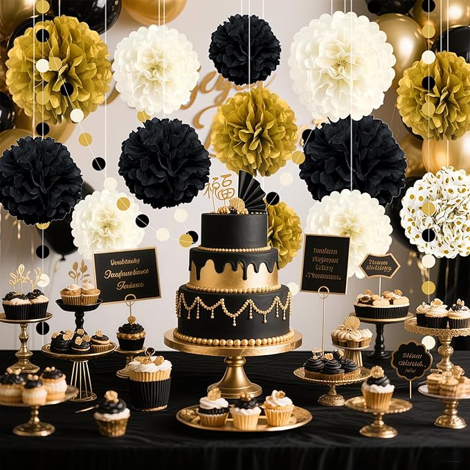 Black and Gold Party Decorations, 16 PCS Tissue Paper Pom Poms Dots Paper Garland Kit for New Year Party, Graduation, Wedding, Birthday, Engagement, Baby Shower, Retirement Party Decor