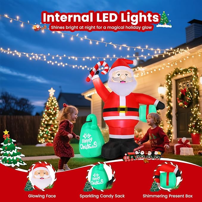 Christmas Decorations, 4.2FT Inflatable Santa Claus with Candy Cane and Gift Bag, Built-in LED Light and Blow Up Xmas Holiday Decor for Garden Lawn Yard Bistro Outdoor and Indoor