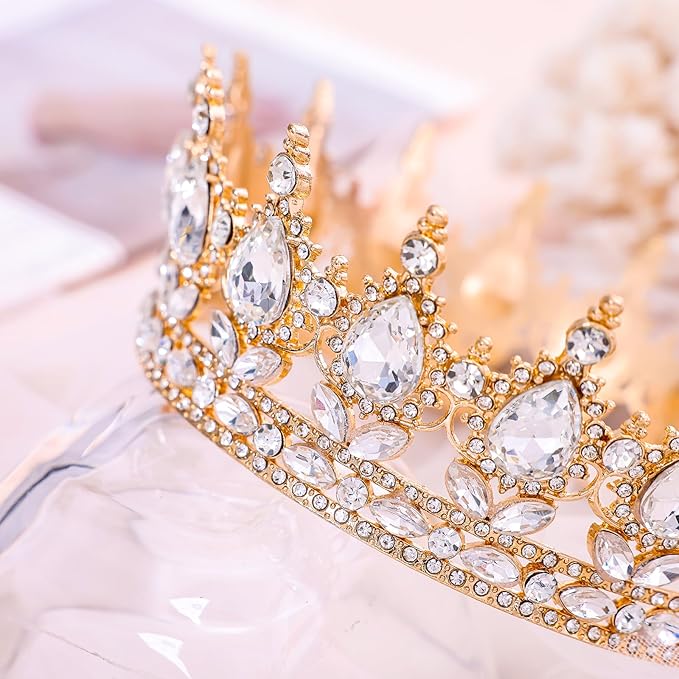 Gold Queen Crown for Women Crystal Tiara for Girl Rhinestone Wedding Headband for Bride Hair Accessories for Costume Birthday Party Prom Gifts