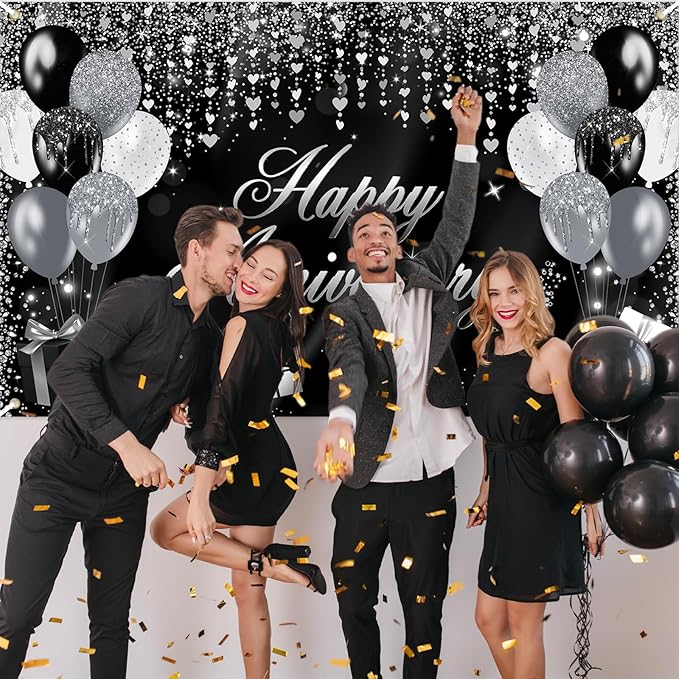 Avezano Happy Anniversary Banner Glitter Happy Anniversary Decorations for Wedding Bridal Shower Party Decorations 70.8 x 43.3 Inch (Black and Silver)