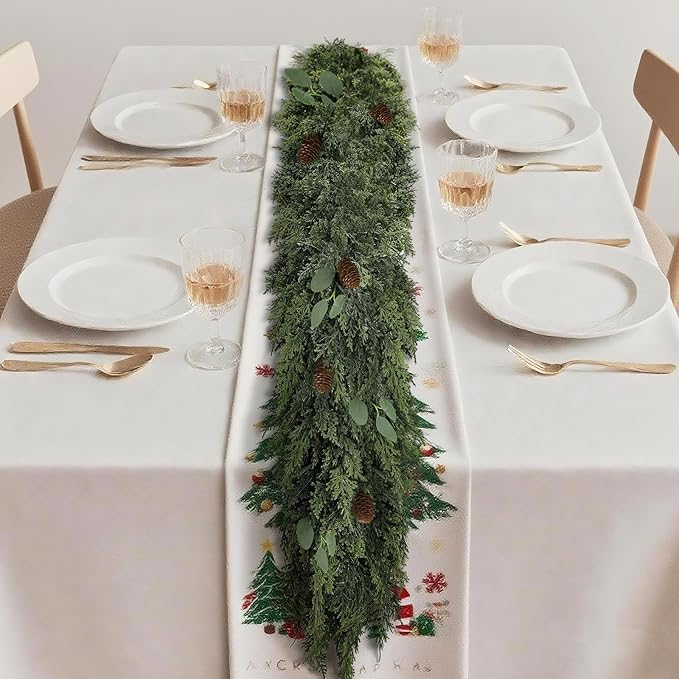 6FT Norfolk Pine Garland, Cedar Garlands with Eucalyptus,Artificial Pine Garland Christmas Decorations for Mantle Fireplace Outdoor Staircase