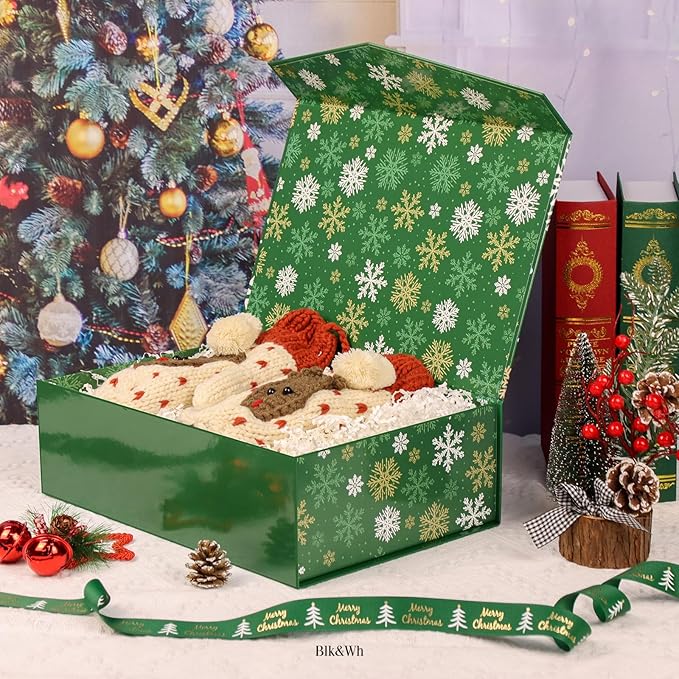 BLK&WH Christmas Gift Box 13.5x9x4.1 Inches, Green Large Collapsible Gift Box with Magnetic Lid (Green, Snowflake)