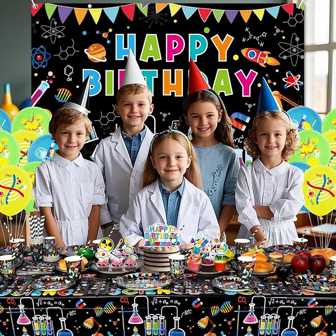 Science Party Supplies, Includes Happy Birthday Backdrop, Plates, Tablecloth, Cups, Balloon and Straws, for Boy Girl Scientist Lab Decoration Serves 20 Guests