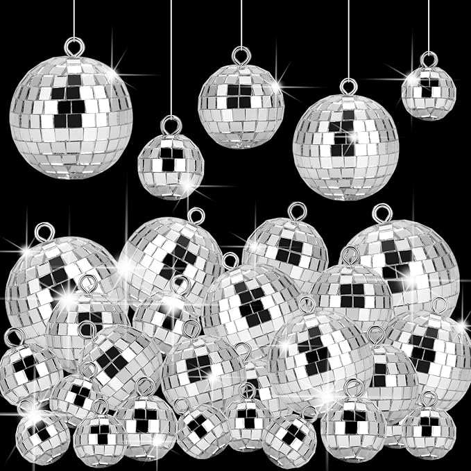 40 Pcs Disco Balls with Rope, 5 Sizes Mini Disco Ball Decor Ornaments, Small MirrorBall Different Sizes Silver Decorations for Halloween DIY Christmas Tree Topper Music Prom Party Wedding