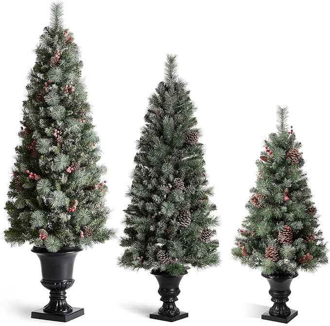 Glitzhome 4ft/5ft/6ft Pre-lit Christmas Trees Set, Artificial Christmas Trees Flocked Potted Christmas Porch Trees for Entrance with Pine Cones, Red Berries, and Warm White Lights