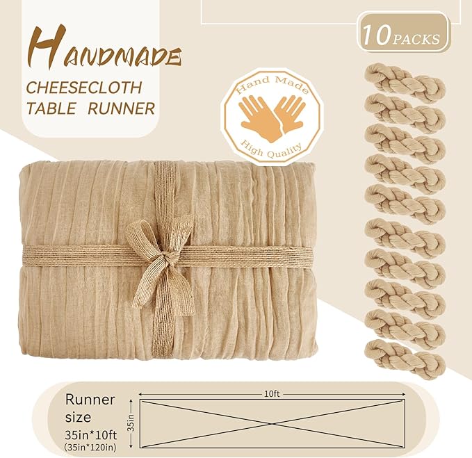 10 Packs Cheesecloth Table Runner Beige, 10Ft Rustic Gauze Boho Wedding Table Runner Decoration, Wedding Table Decor Table Cloth for Wedding Party Bridal Shower Table(35x120 inch)