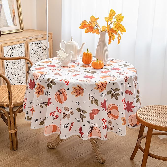 Thanksgiving Waterproof Tablecloth – Fall Harvest Pumpkins, Maple Leaves & Berries Print – Autumn Rectangle Table Cover for Dining or Party, White, 60" Round