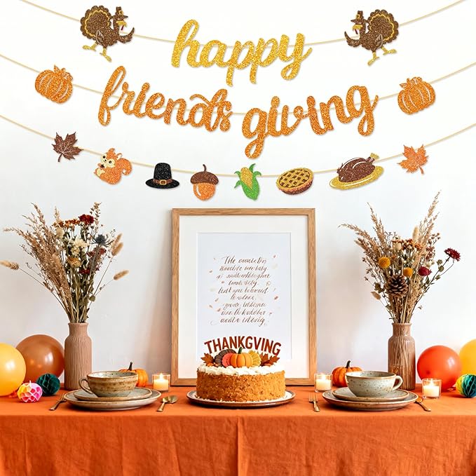 Happy Friendsgiving Banner Thanksgiving Party Decorations Glitter Friends Giving Garland Plastic Pre Strung Streamers Turkey Pumpkin Fall Leaves Sign for Home Decor Thank You Party Supplies