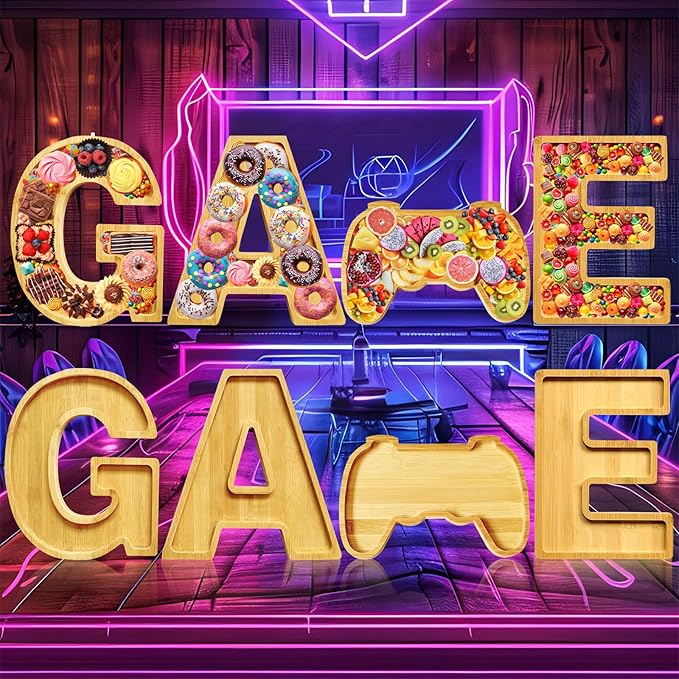 GAME Charcuterie Boards Letters Gaming Wooden Serving Platters for Snack Fruit Meat Fillable Cheese Board Gifts for Teenager Boys Birthday Party Supplies Rustic Tabletop Container Dishes Serving Trays