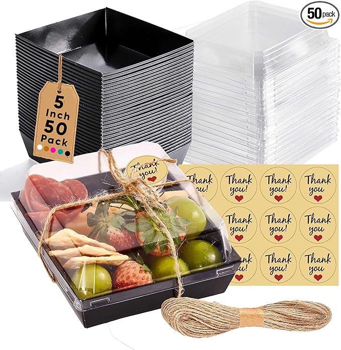 50 Pack Small Charcuterie Boxes with Clear Lids - To Go Paper Mini Charcuterie Box, Disposable Food Containers, 5Inch Dessert Boxes - Sandwich, Cookie, Sushi, Cake Slice, Strawberries (Black)