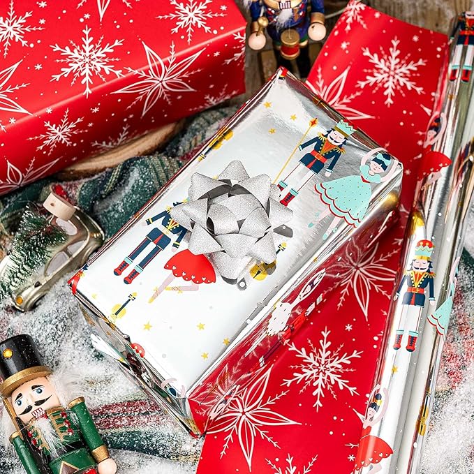 MAYPLUSS Christmas Wrapping Paper Roll - 17IN X 33FT - Nutcracker Gift Wrapping Paper Featuring Ballet Guitar Gold Star Reversible Snowflake for Kids, Holiday, New Year