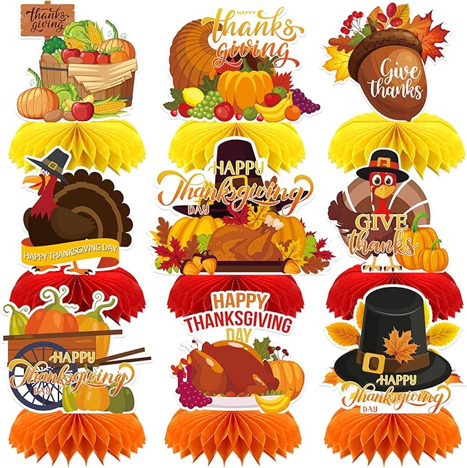 9PCS Thanksgiving Honeycomb Centerpiece Turkey Pumpkin Maple Leaves Honeycomb Thanksgiving Table Centerpiece for Thanksgiving Table Decoration Fall Autumn Theme Birthday Party Supplies