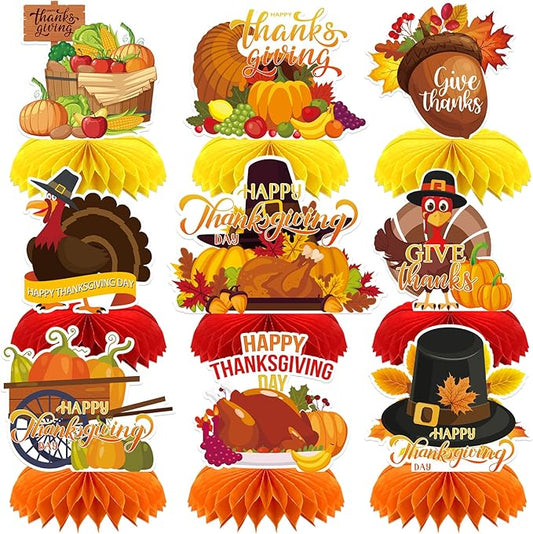 9PCS Thanksgiving Honeycomb Centerpiece Turkey Pumpkin Maple Leaves Honeycomb Thanksgiving Table Centerpiece for Thanksgiving Table Decoration Fall Autumn Theme Birthday Party Supplies