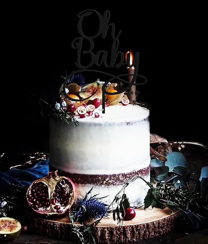 Oh Baby Cake Topper - Glitter Black Acrylic Baby Shower Cake Decorations, Gender Reveal Cake Pick (Black)