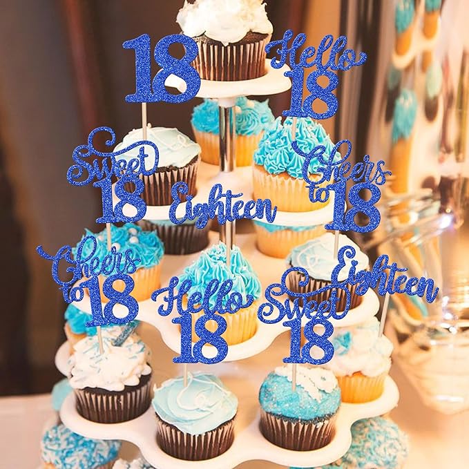 30PCS Happy 18th Birthday Cupcake Toppers Glitter Eighten Sweet 18 Hello 18 Cupcake Picks Cheers to 18 Birthday Decorations for 18th Birthday Anniversary Party Cake Decoration Supplies Blue