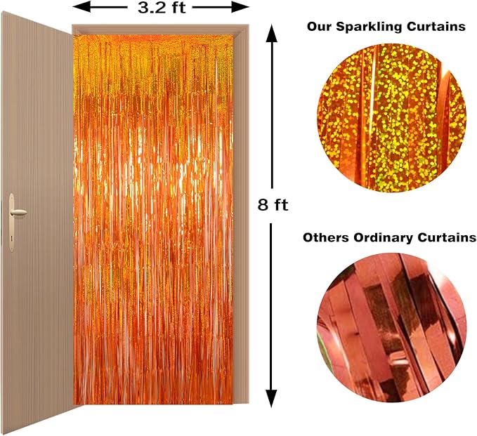 Reusable Foil Fringe Curtains Thanksgiving Decorations - Melsan 3 Pack 3.2 x 8.2 ft Tinsel Curtain Party Photo Backdrop for Birthday Party Baby Shower or Graduation Decorations (Orange)