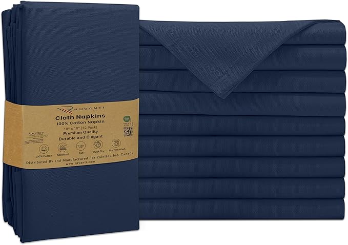 Ruvanti Premium Cloth Napkins Set of 12, 18x18 Inches, 100% Cotton, Washable, Soft & Absorbent, Perfect for Wedding, Christmas, ‎Thanksgiving Dinners - Pageant Blue