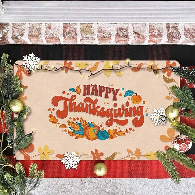 Happy-Thanksgiving Door Mat Fall Welcome Mat for Front Door, Autumn Harvest Seasonal Non Slip Doormat for Entrance Entryway Outside