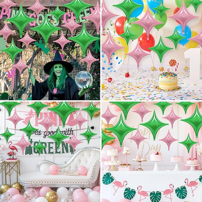 Pink Green Balloons,12Pcs Four Angle Star Foil Balloons,26Inch and 10Inch Pink Green Quadrangle Star Helium Polyester Film Balloon for Witch Birthday Anniversary Party Decorations