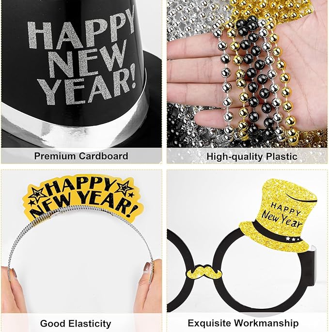 Fovths 132 Pieces 2026 New Years Eve Party Supplies Includes Glasses Top Hats Headband Noisemakers Horns Bead Necklaces Plastic Leis New Year Party Favors for Celebration Decoration Gift