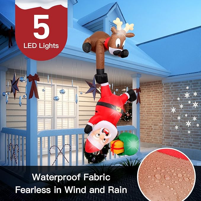 8FT Hanging Christmas Inflatables Decorations Outdoor，Blow Up Christmas Reindeer and Climbing Santa Claus with Built-in LEDs Lights for Indoor Holiday Party Yard Garden Lawn Décor