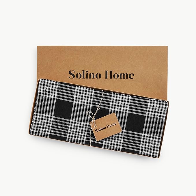 Solino Home Fall Plaid Table Runner 72 Inches Long - 100% Pure Linen Glen Check Black and White Table Runner 14 x 72 Inch for Dining, Dresser, Autumn, Thanksgiving