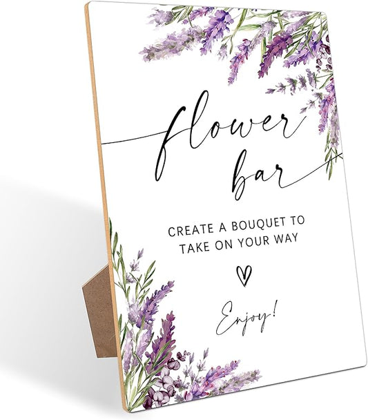 Flower Bar Sign, Lavender Bridal Shower Decorations, Wedding Reception Table Decorations, Engagement Party Decor, Purple Floral Wooden Sign with Stand for Wedding Reception And Bridal Party Decor, 20