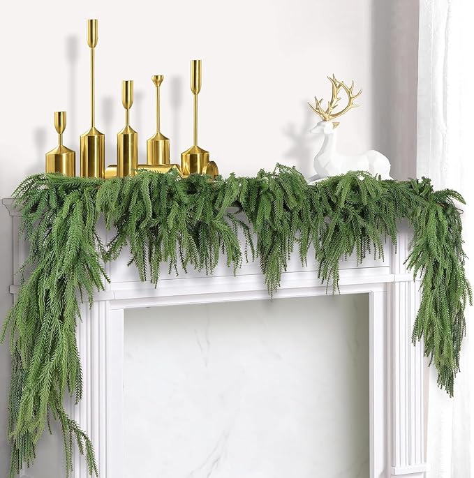 4 Pcs Artificial Norfolk Pine Garlands, Christmas Real Touch Winter Pine Garland, Green Artificial Greenery Cedar Garland for Mantle, Table, Wall, Indoor, Outdoor Christmas Decorations