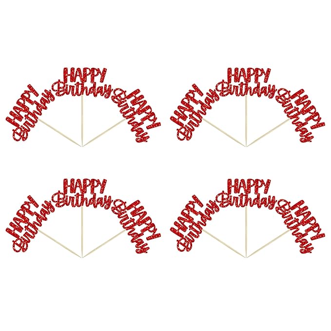 Gyufise 24pcs Happy Birthday Cupcake Toppers - Glitter Cupcake Food Picks for Celebrating Theme Party Cake Decorations - Red