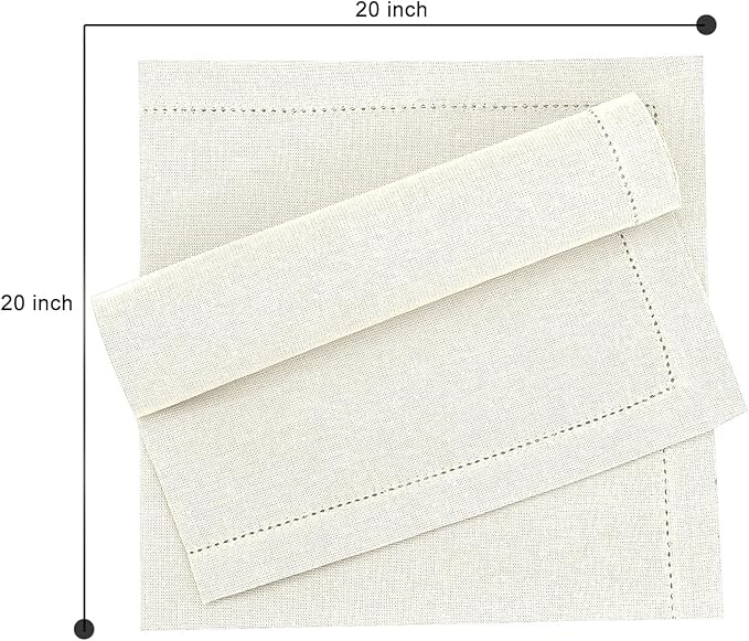 Ruvanti Premium Linen Napkins Set of 4-20x20 Inch, Classic Hemstitch, Mitered Corner Cloth Napkins ‎‎- Soft, Elegant Dinner Napkins Cloth Washable for Weddings, Parties, Everyday Use - Ivory