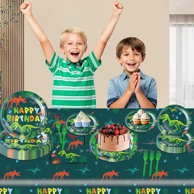 101 PCS Dinosaur Birthday Decorations Dino Party Decorations Set-Plates and Napkins,Tablecloth,Forks for Boy Dinosaur Baby Shower Decorations,Dino Theme Party,Serves 25 Guests
