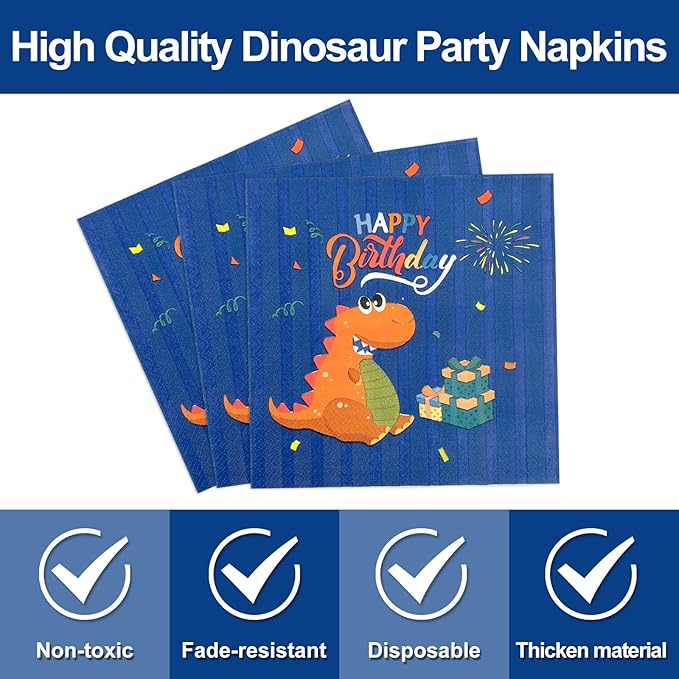 96 PCS Dinosaur Party Supplies Blue Dinosaur Birthday Party Tableware Set for Boy Kids Blue Dino Plates Napkins Forks Party Decorations for 24 Guests